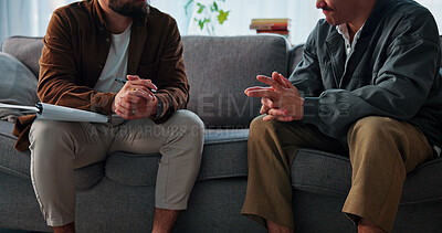 Buy stock photo Mental health, counseling or hands in office with notebook, evaluation or therapy in clinic visit. People, patient or psychologist with writing pad, emotional support or advice in trauma session.