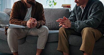 Buy stock photo Psychology, therapist and hands with men in consultation for help, mental health advice or support. Therapy, life coach and people in counseling session for assessment, feedback and evaluation