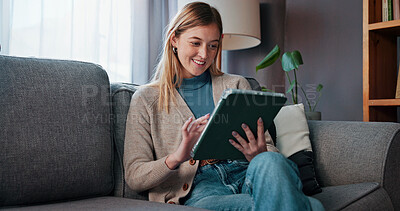 Buy stock photo Smile, reading and woman with tablet on sofa, digital news article and social media break on weekend. Ebook app, browsing internet and person with tech in home, check email and subscription service