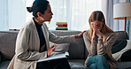 Sad, woman and comfort with therapist for counseling, emotional support and empathy. Grief, psychologist and consoling patient with depression for compassion, trauma recovery and coping assistance