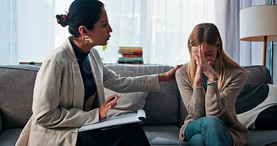 Buy stock photo Sad, woman and comfort with therapist for counseling, emotional support and empathy. Grief, psychologist and consoling patient with depression for compassion, trauma recovery and coping assistance