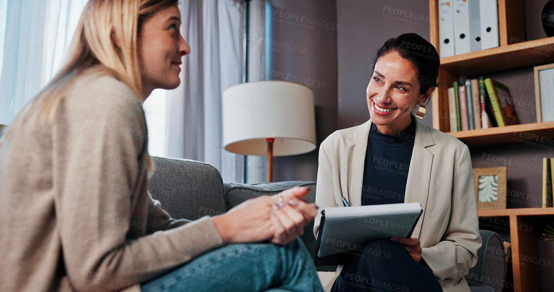 Buy stock photo Counseling, therapist or woman writing notes for help, mental health or addiction recovery. Clipboard, happy psychologist or consulting client for psychology, therapy assessment or rehabilitation