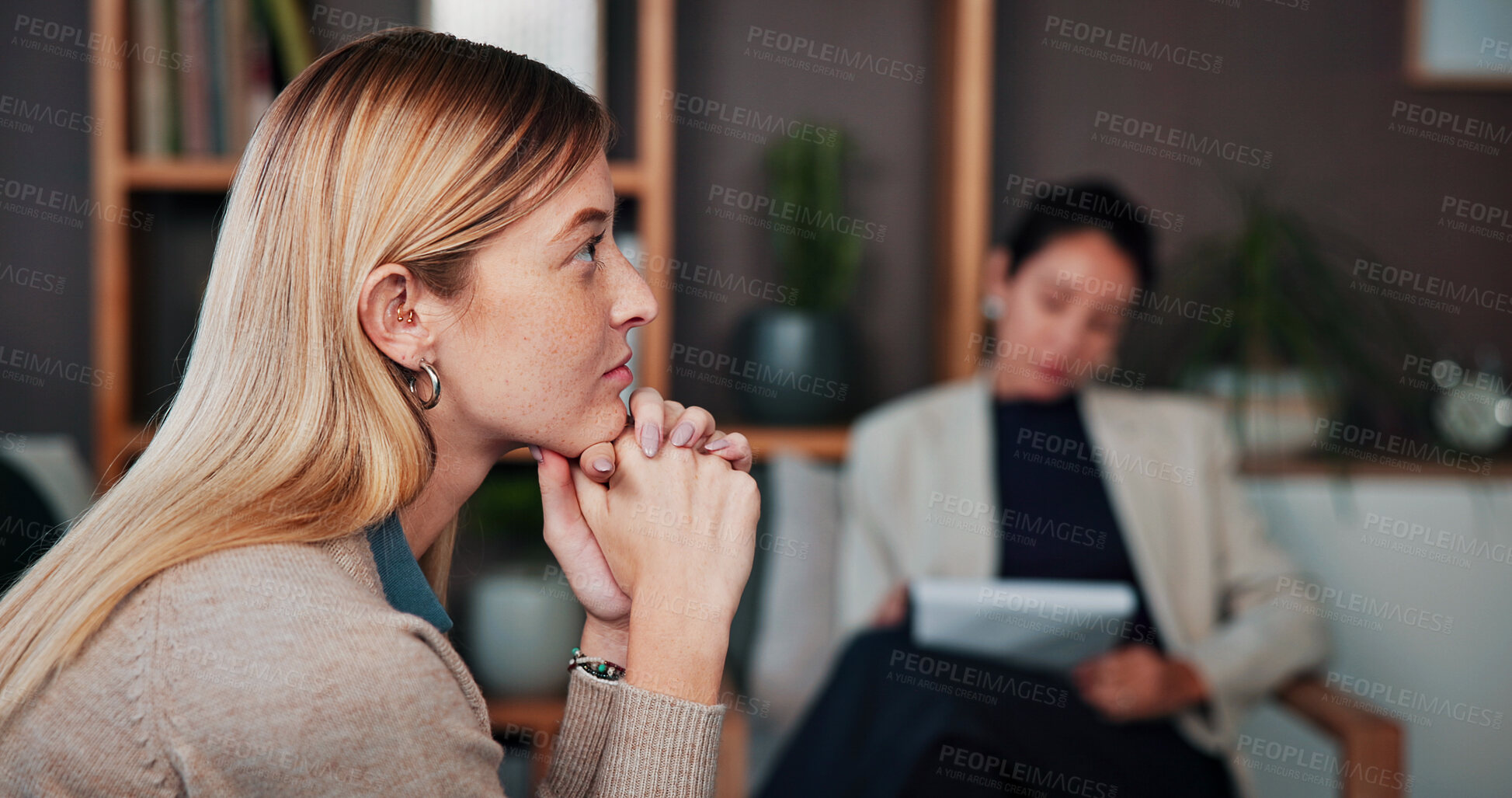 Buy stock photo Thinking, woman and stress with therapist in office for counseling, mental health and trauma. Reflection, people and therapy session for anxiety, bipolar history and emotional support of ptsd healing
