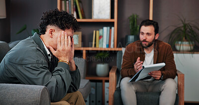 Buy stock photo Mental health, grief or men in office with notebook, evaluation or frustration in clinic visit. Guidance, patient or psychologist with writing pad, trauma support or loss advice in therapy session.