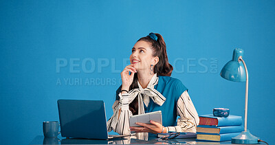 Buy stock photo Studio, thinking and business woman with tablet, story inspiration and planning on blue background. Smile, author and person with technology for idea, vision and creative reflection for novel