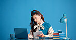 Review, laptop or woman in office with tablet, draft edit or source feedback for article. Space, digital or journalist in creative studio with tech, fact check or industry research for publication.