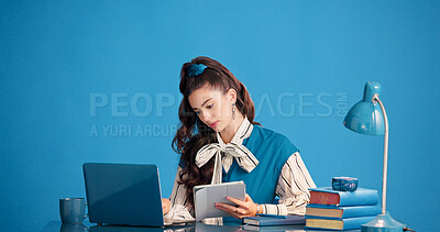 Buy stock photo Review, laptop or woman in office with tablet, draft edit or source feedback for article. Space, digital or journalist in creative studio with tech, fact check or industry research for publication.
