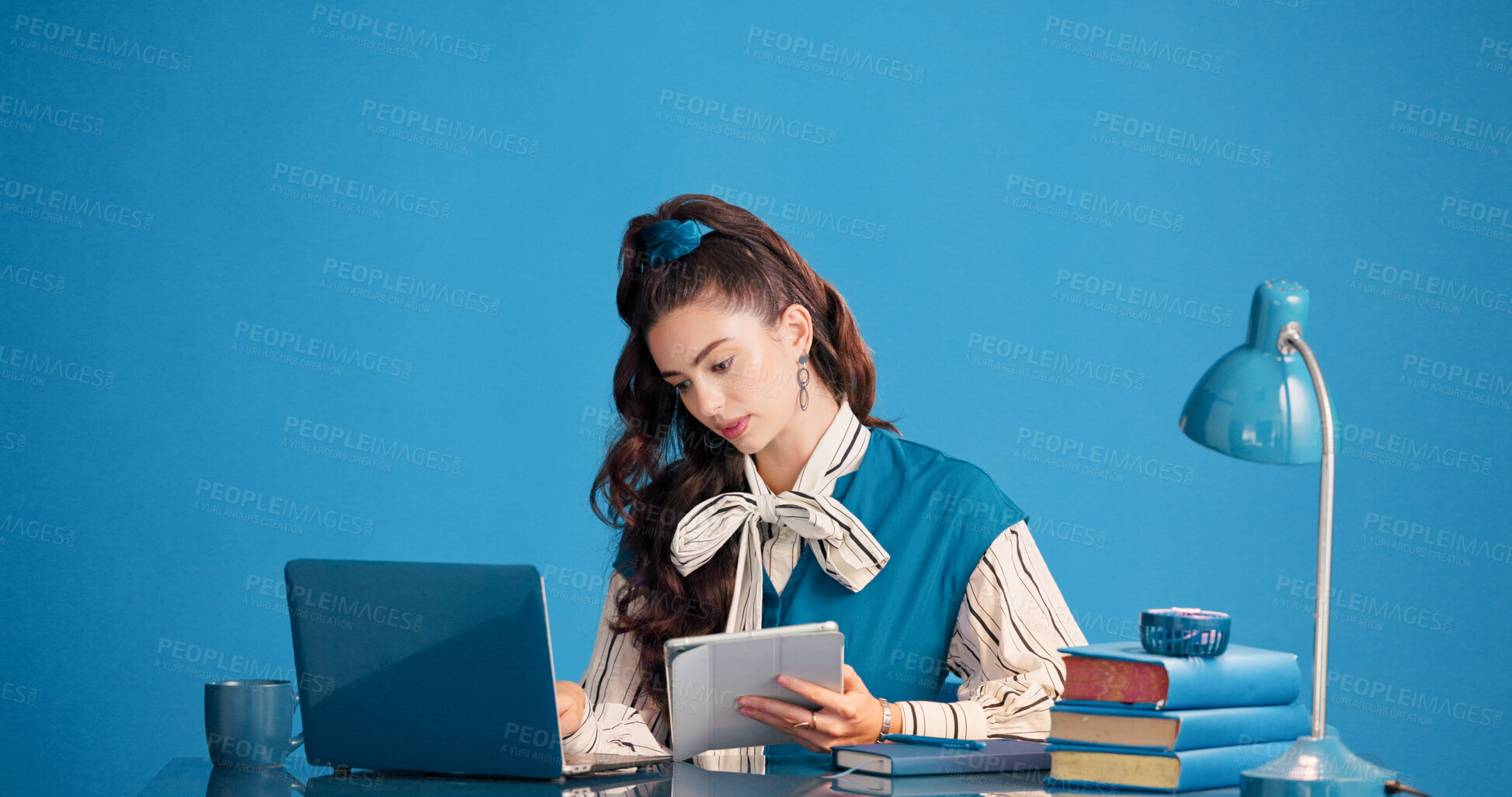 Buy stock photo Review, laptop or woman in office with tablet, draft edit or source feedback for article. Space, digital or journalist in creative studio with tech, fact check or industry research for publication.