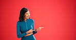Fitness, pointing and woman with portrait in studio, sports club discount and sign up for training. Promotion, membership sale and coach with mockup space for announcement, smile or red background
