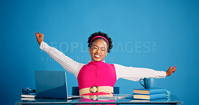 Buy stock photo Business, laptop and stretching with black woman in studio for muscle fatigue or tension relief. Break, relax and rest with African person on blue background for flexibility, posture or productivity