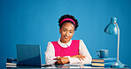 Review, portrait or black woman in office with laptop, draft edit or source feedback for publication . Smile, space or journalist with tech, article fact check or industry research in creative studio