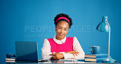 Buy stock photo Review, portrait or black woman in office with laptop, draft edit or source feedback for publication . Smile, space or journalist with tech, article fact check or industry research in creative studio
