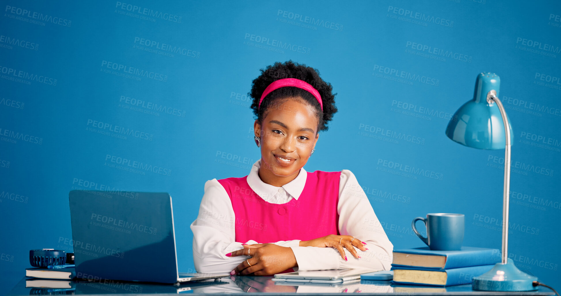 Buy stock photo Review, portrait or black woman in office with laptop, draft edit or source feedback for publication . Smile, space or journalist with tech, article fact check or industry research in creative studio