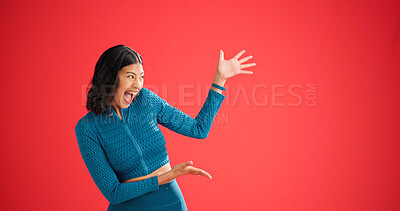 Buy stock photo Fitness, excited and woman with pointing in studio, sports club discount and sign up for training. Promotion, membership sale and coach with mockup space for announcement, smile and red background