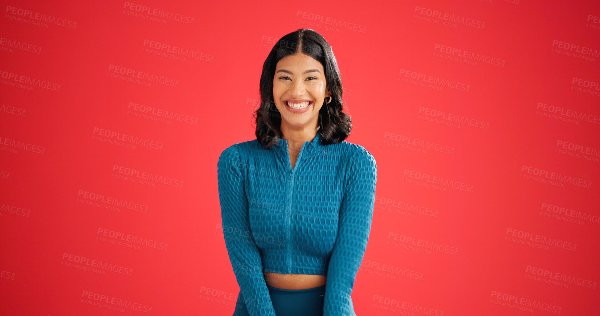 Buy stock photo Portrait, fitness or woman with smile in studio, personal trainer or workout support for health goals. Pride, coach or exercise guidance for body transformation, join us or space on red background