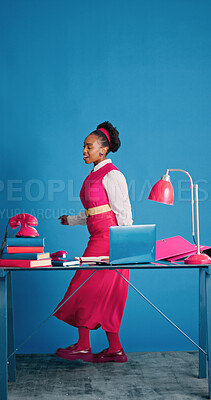 Buy stock photo Business, black woman and dancing with smile in office for good news, bonus and story funding. Mockup space, person or retro clothes for celebration, success and article nomination in creative studio