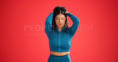 Buy stock photo Studio, fitness or woman with stress, headache or frustrated with training progress on mockup space. Migraine, sports or athlete with workout challenge, difficult exercise or loss on red background