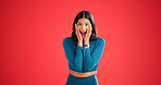 Fitness, surprise or woman with portrait in studio, sports club discount or good news for sign up sale. Excited, membership deal or shocked coach with space for announcement, smile or red background