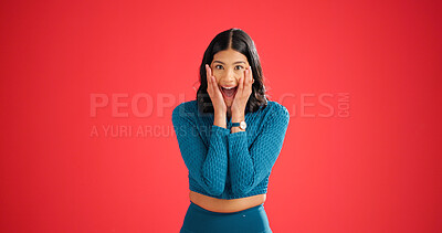 Buy stock photo Fitness, surprise or woman with portrait in studio, sports club discount or good news for sign up sale. Excited, membership deal or shocked coach with space for announcement, smile or red background
