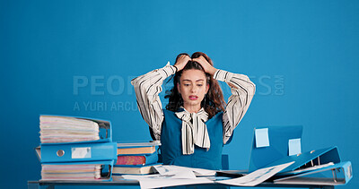 Buy stock photo Studio, overwork and business woman with stress for financial crisis, frustrated and accounting. Burnout, accountant and person with tax mistake, deadline pressure and overwhelmed on blue background
