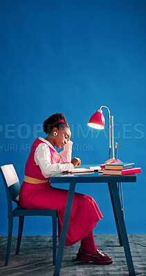 Buy stock photo Notebook, reading and space with designer black woman in studio for agenda, calendar or schedule. Diary, journal and planner with African employee on blue background for small business planning