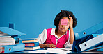 Overworked, tired and black woman with sticky note in office, burnout and files for mental exhaustion. Workload pressure, fatigue and person with do not disturb sign, overwhelmed and creative studio