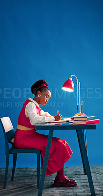 Buy stock photo Notebook, space and writing with designer black woman in studio for agenda, calendar or schedule. Diary, journal and notes with African employee on blue background for small business planning