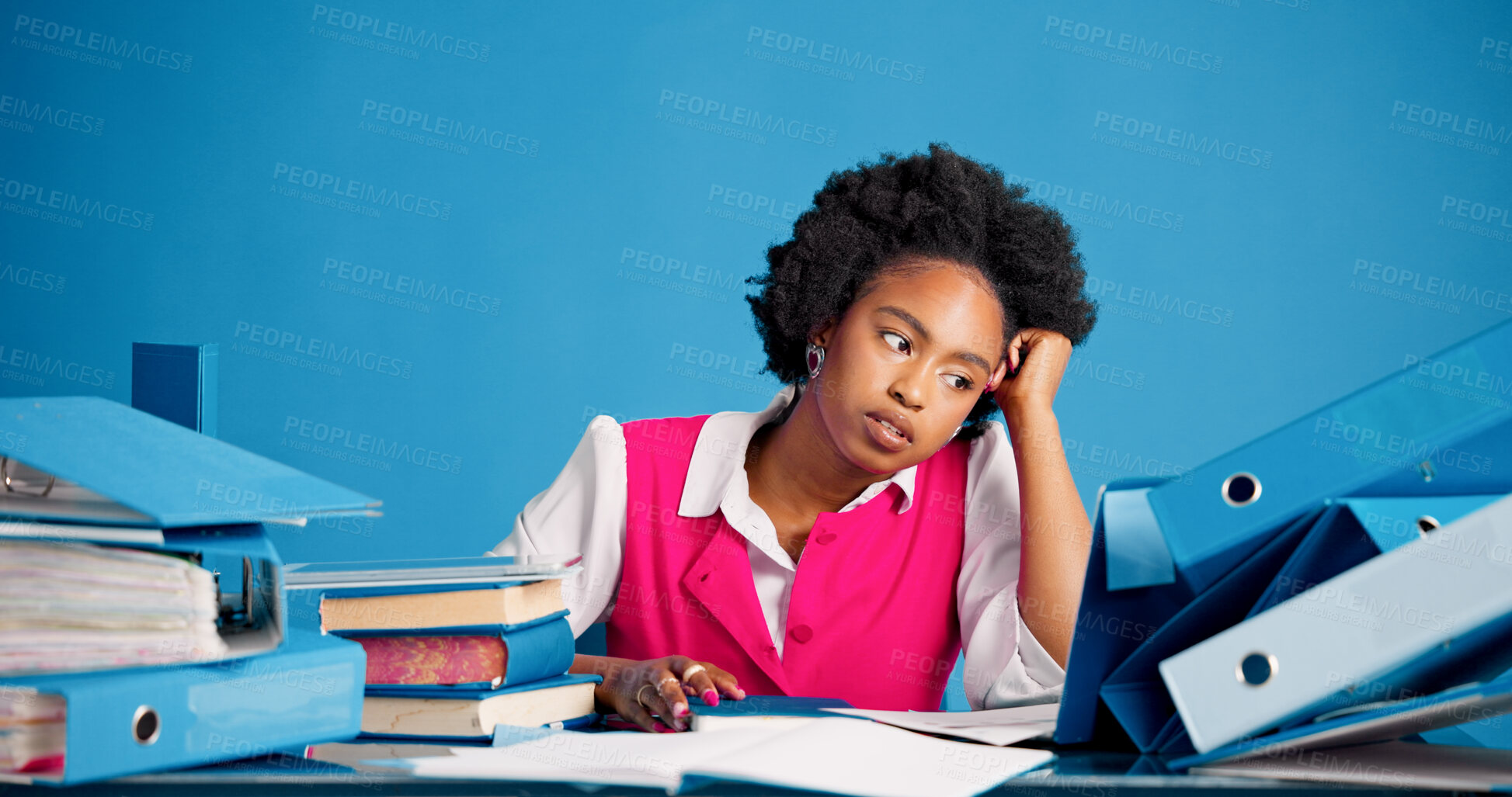 Buy stock photo Thinking, bored or black woman in office with files, brain fog or tired in funding pitch. Space, fatigue or female finance consultant with folders, investment report or task burnout in studio.