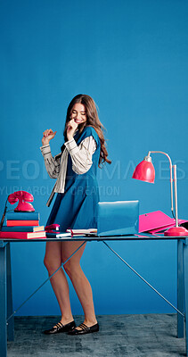 Buy stock photo Women, laptop and happy at office with dancing by wall, mockup space and celebration at startup company. Person, excited and rhythm with goals, achievement and project approval at creative agency