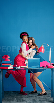 Buy stock photo Smile, hug and business women in office with space for teamwork, bonding or friendship together. Happy, laptop and female creative editors embracing for celebration on article publishing at startup.