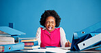 Business woman, stress and screaming with documents at studio for chaos with space on blue background. African person, receptionist or overwhelmed for paperwork, admin and frustrated with crisis