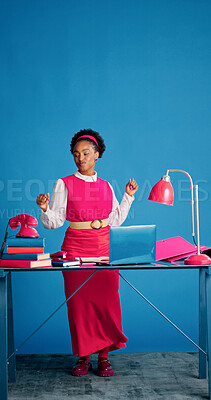 Buy stock photo Black woman, laptop and happy at office for dancing by wall, mockup space or celebration at startup company. Person, excited and rhythm with goal, achievement and project approval at creative agency