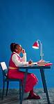 Thinking, draft or black woman in office with notes, insight or brainstorming for article update. Writing, space or journalist with inspiration, blog ideas or column planning in creative studio.