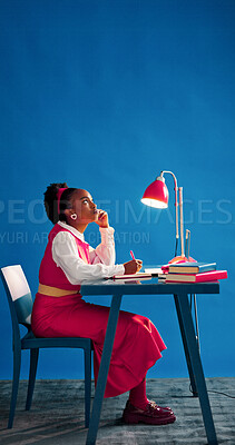 Buy stock photo Thinking, draft or black woman in office with notes, insight or brainstorming for article update. Writing, space or journalist with inspiration, blog ideas or column planning in creative studio.