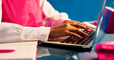 Buy stock photo Review, laptop or hands in office with keyboard, draft edit or source feedback for article. Digital, woman or journalist in creative studio with tech, fact check or industry research for publication.