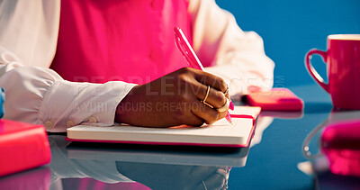 Buy stock photo College student, writing and hands with notebook on desk, learning or preparation for exam with info. University, education and person with journal for ideas, study and planning for test with notes