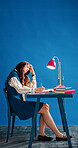 Writing, headache and businesswoman in office with burnout for creative project with deadline. Fatigue, exhaustion and female magazine editor with migraine for article with publishing at startup.