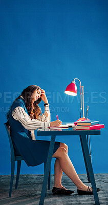 Buy stock photo Writing, headache and businesswoman in office with burnout for creative project with deadline. Fatigue, exhaustion and female magazine editor with migraine for article with publishing at startup.