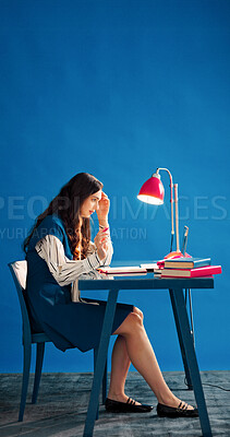 Buy stock photo Space, headache and businesswoman in office with burnout for creative project with deadline. Fatigue, exhaustion and female magazine editor with migraine for article with publishing at startup.