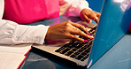 Editing, laptop or hands in office with keyboard, draft review or source feedback for publication. Digital, woman or journalist with tech, article fact check or industry research in creative studio.