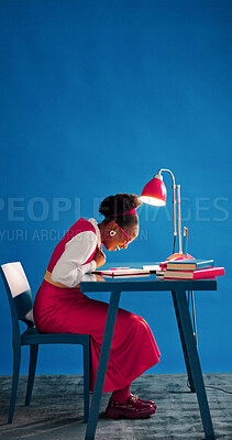 Buy stock photo Business, black woman and laugh with notebook in studio for funny story idea, comic plot and mockup. Space, journalist and humor on blue background for article notes, creative planning or silly draft