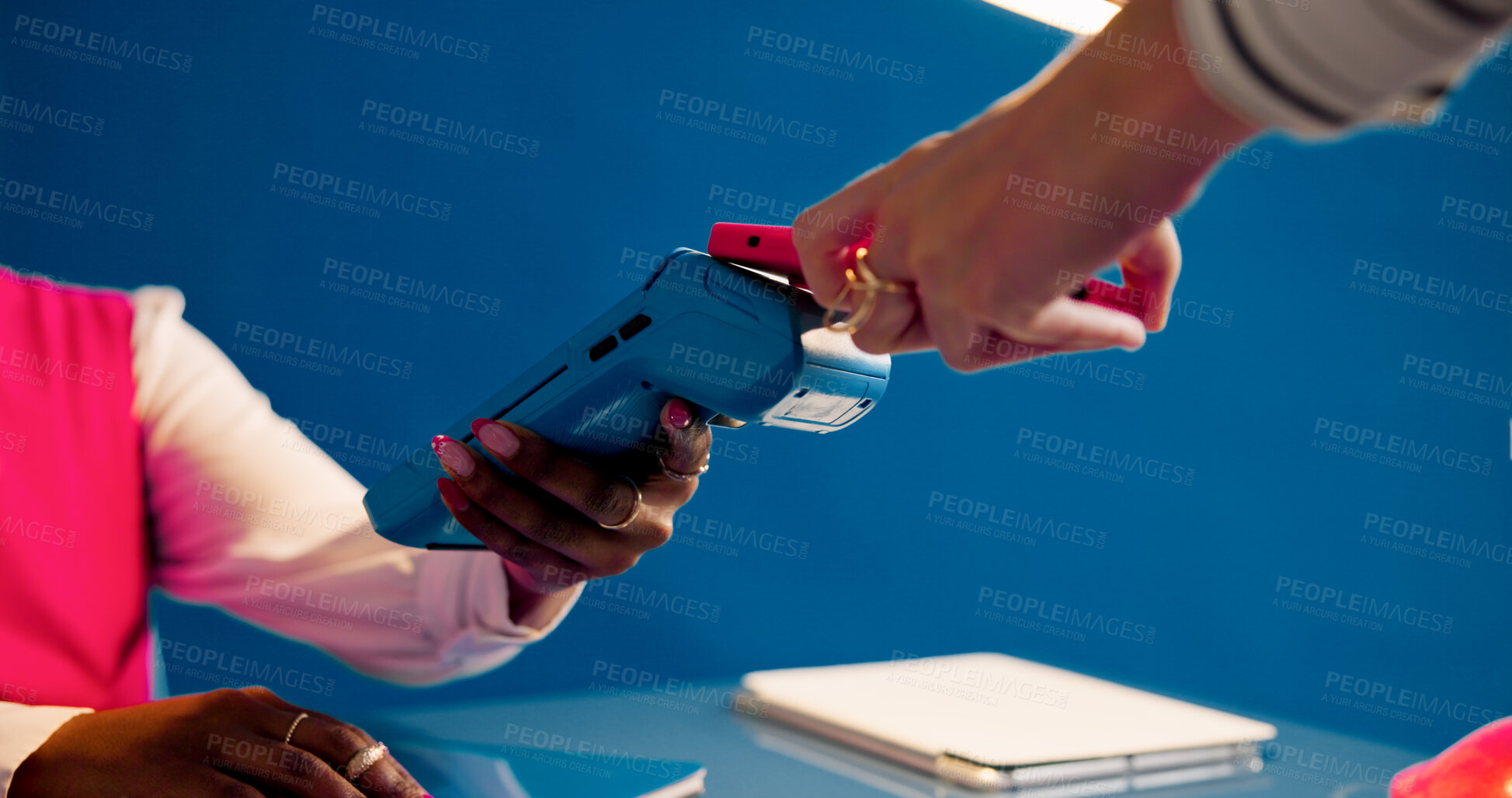 Buy stock photo Hands, phone and pos for payment at front desk for booking, machine and fintech on blue background. People, smartphone and customer experience with mobile app, tap and easy paperless transaction