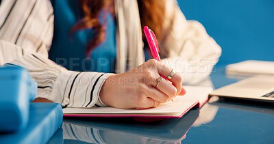 Buy stock photo College student, notes and hands with notebook on desk, knowledge or preparation for exam with info. University, education and person with journal for idea, writing and planning for project and study