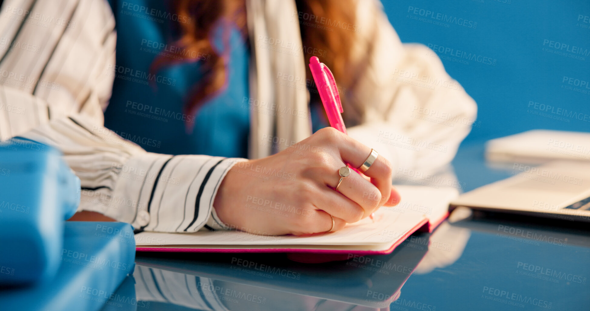 Buy stock photo College student, notes and hands with notebook on desk, knowledge or preparation for exam with info. University, education and person with journal for idea, writing and planning for project and study