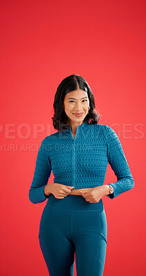 Buy stock photo Fitness, portrait and smile of woman on red background for exercise benefits, health or wellness. Confident, happy and proud with athletic person isolated on studio space for commitment or dedication