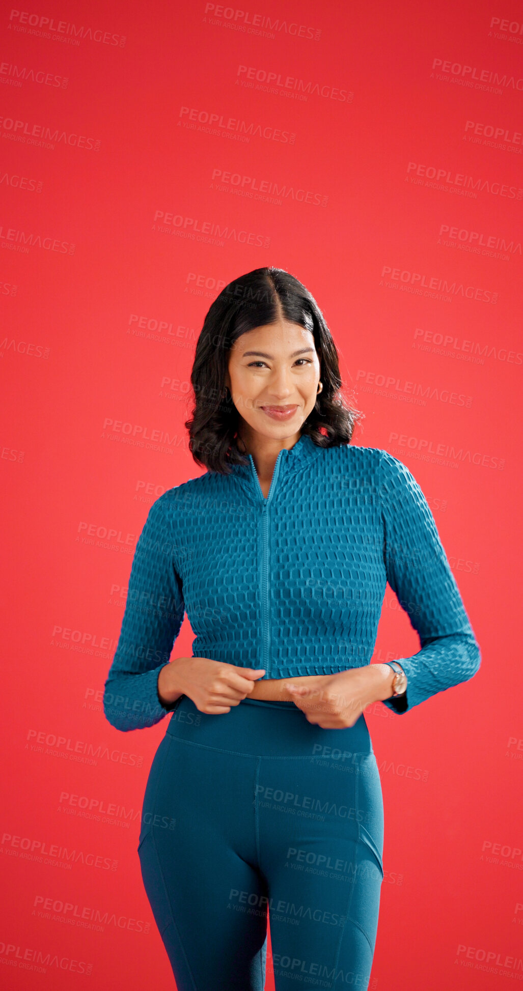 Buy stock photo Fitness, portrait and smile of woman on red background for exercise benefits, health or wellness. Confident, happy and proud with athletic person isolated on studio space for commitment or dedication