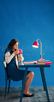 Buy stock photo Thinking, author and woman with coffee in office, creative and plan for fiction novel with caffeine. Blue wall, mockup space and person with hot drink on break, reflection and story ideas with tea