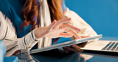 Buy stock photo Scroll, tablet or hands in office with review, draft edit or source feedback for publication. Digital, woman or journalist with tech, article fact check or industry research in creative studio.
