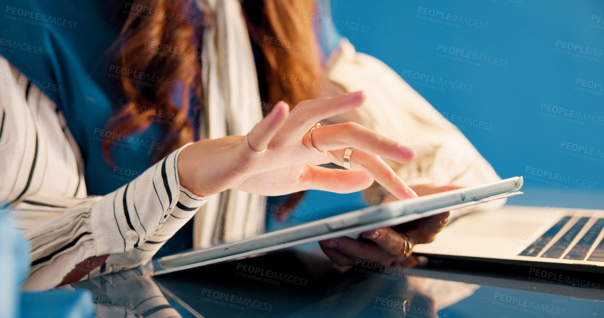 Buy stock photo Scroll, tablet or hands in office with review, draft edit or source feedback for publication. Digital, woman or journalist with tech, article fact check or industry research in creative studio.