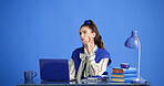 Studio, think and business woman with laptop, story inspiration or planning on blue background. Serious, author and person with computer for idea, vision or creative reflection for novel with space
